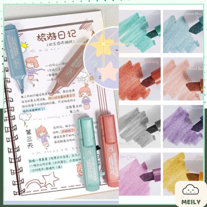 Bút highlight nhũ ánh kim lấp lánh màu pastel khổ lớn HI18