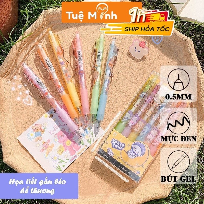 Bút gel bấm cài kim loại mực đen hoạt hình dễ thương B36 - Hồng