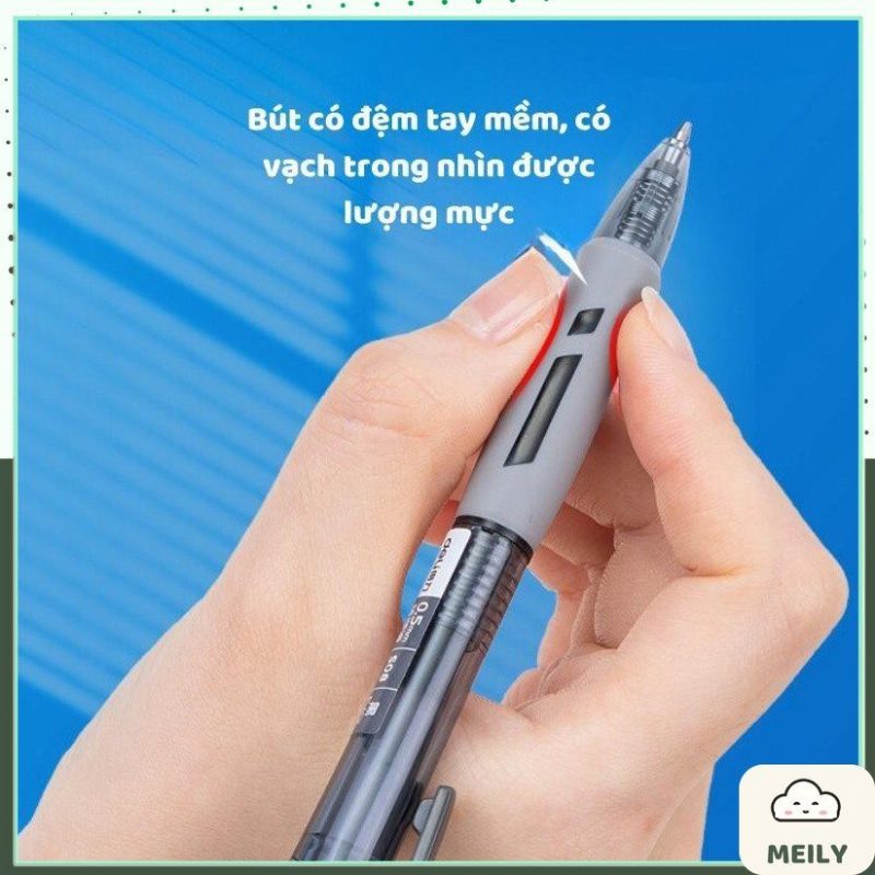 Bút gel bấm Deli mực đen thân trong đệm tay cao su độc đáo S08