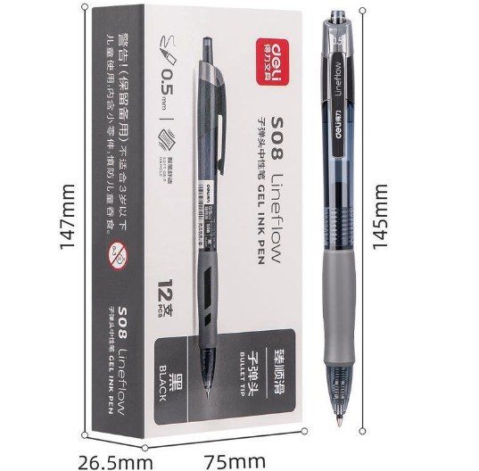 Bút gel bấm Deli mực đen thân trong đệm tay cao su độc đáo S08 - Mực đen