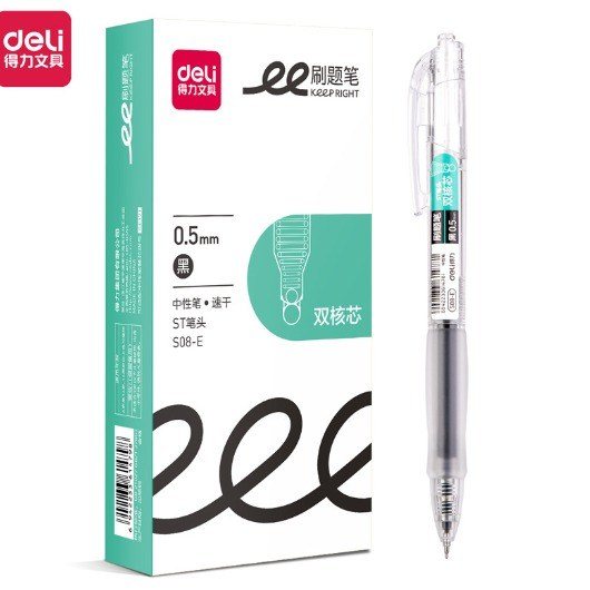 Bút gel bấm Deli mực đen thân trong đệm tay cao su độc đáo S08 - thân trong suốt