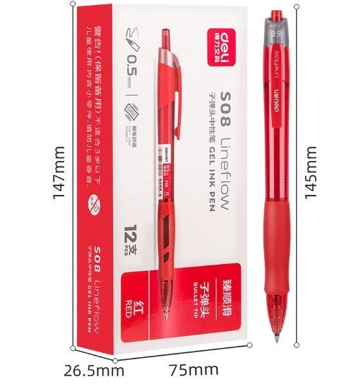 Bút Gel Deli Bi Nước Viết Bấm Mực Gel S08 - Bút gel Deli S08 - Mực đỏ