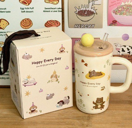 Cốc sứ cao Kẹo ngọt BL191 - Nắp vàng - 600ml