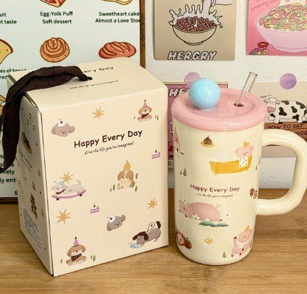 Cốc sứ cao Kẹo ngọt BL191 - Nắp hồng - 600ml