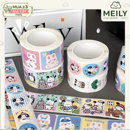 Cuộn 300 Sticker tem hoạt hình hình cún, thỏ CE60