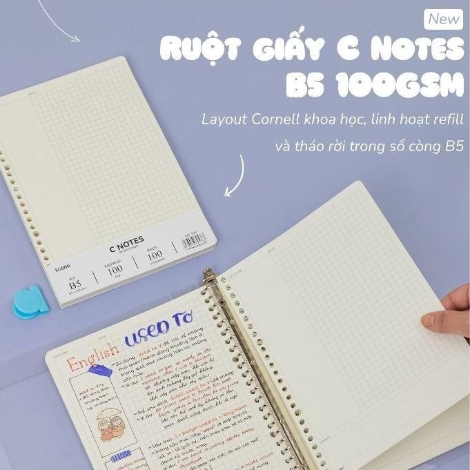 File bìa sổ còng 2 đầu 10 chấu KLong MS 808 B5 - Ruột sổ kẹp còng C Notes (6x6)mm B5 100 tờ 100/76 Klong MS 536