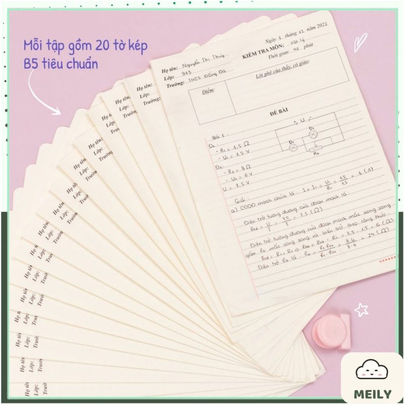 Giấy kiểm tra cấp 2, 3 Klong B5 tập 20 tờ giấy đôi