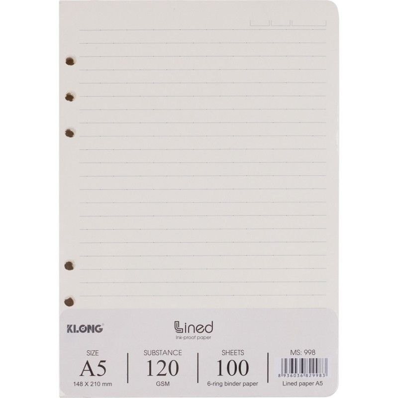 Giấy ruột sổ còng kẻ ngang A5 100 tờ dày 120gsm - Ruột kẻ ngang file còng A5 120/76 100 tờ Klong MS998