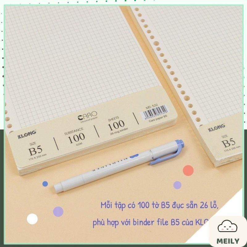 Giấy thay thế làm binder Caro 6x6mm gồm 100 tờ B5 KLONG MS 532