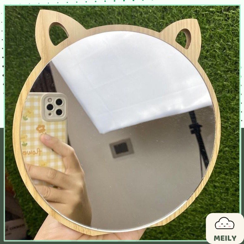 Gương gỗ trang điểm để bàn hình tai mèo kèm đế