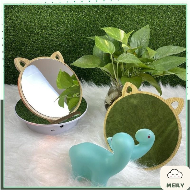 Gương gỗ trang điểm để bàn hình tai mèo kèm đế