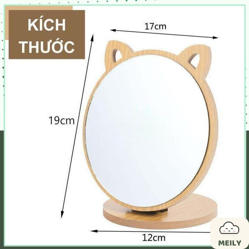 Gương gỗ trang điểm để bàn hình tai mèo kèm đế