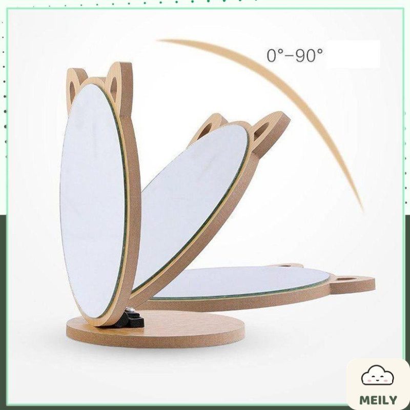 Gương gỗ trang điểm để bàn hình tai mèo kèm đế