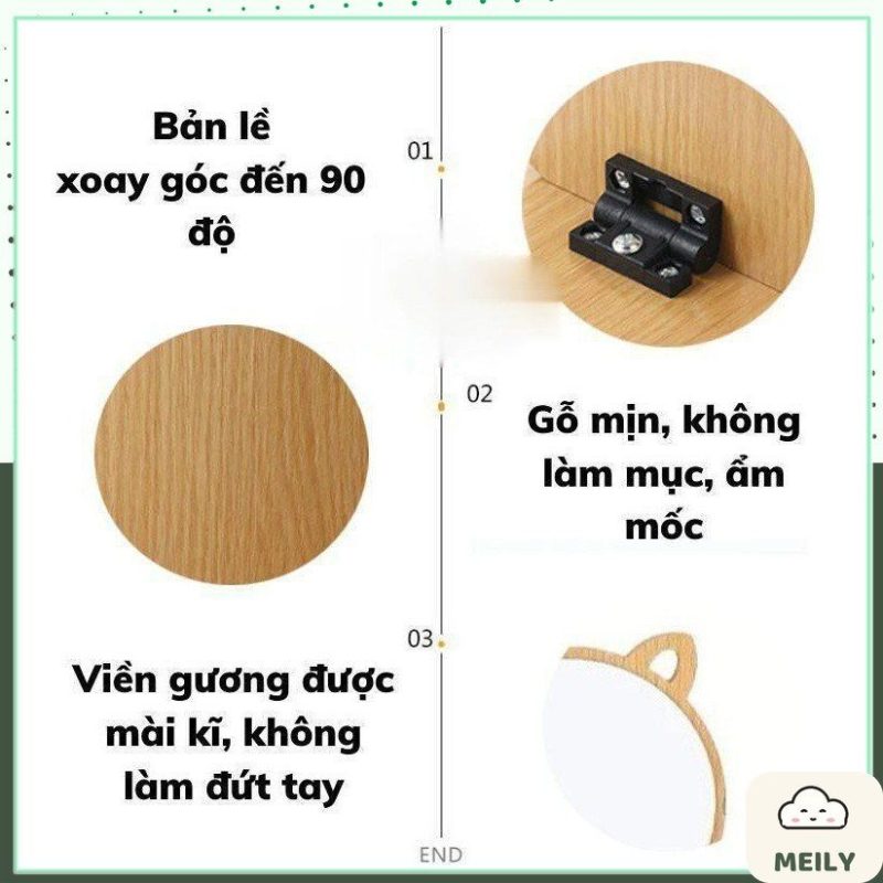 Gương gỗ trang điểm để bàn hình tai mèo kèm đế