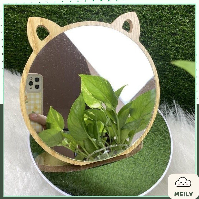 Gương gỗ trang điểm để bàn hình tai mèo kèm đế