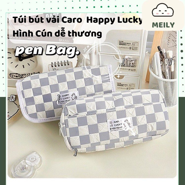 Hộp bút caro ghi xám Happy Lucky ngăn đựng lớn TB15