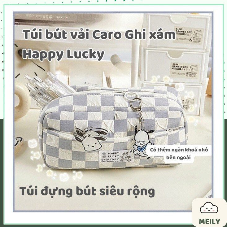 Hộp bút caro ghi xám Happy Lucky ngăn đựng lớn TB15