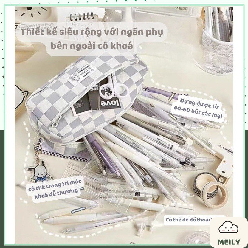Hộp bút caro ghi xám Happy Lucky ngăn đựng lớn TB15