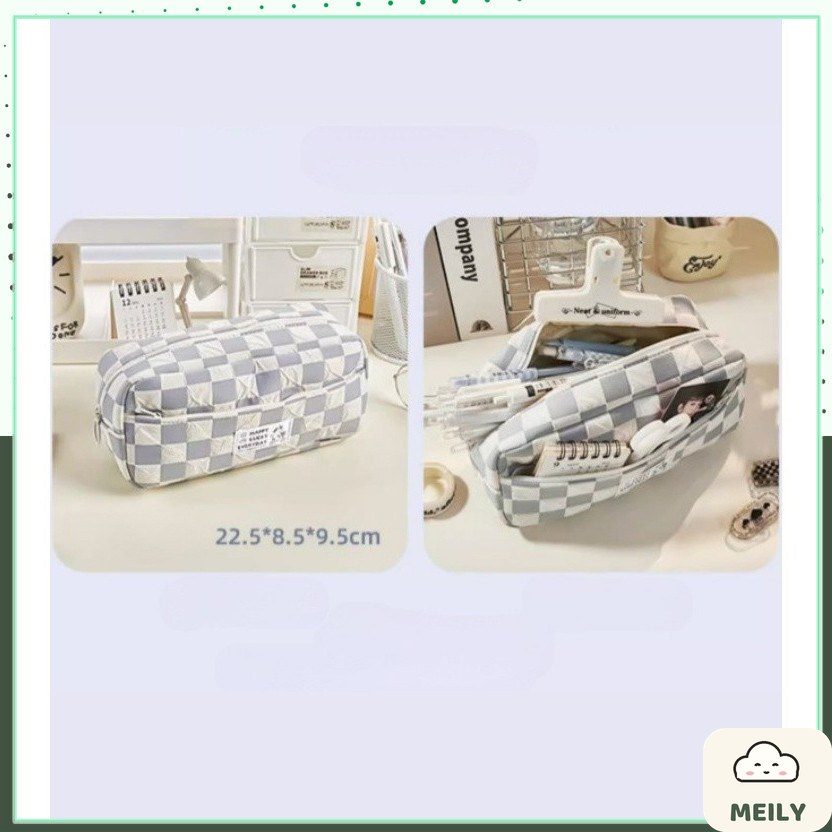 Hộp bút caro ghi xám Happy Lucky ngăn đựng lớn TB15