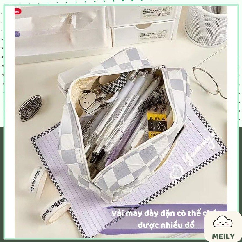 Hộp bút caro ghi xám Happy Lucky ngăn đựng lớn TB15