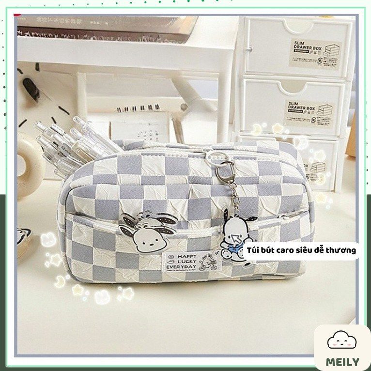 Hộp bút caro ghi xám Happy Lucky ngăn đựng lớn TB15