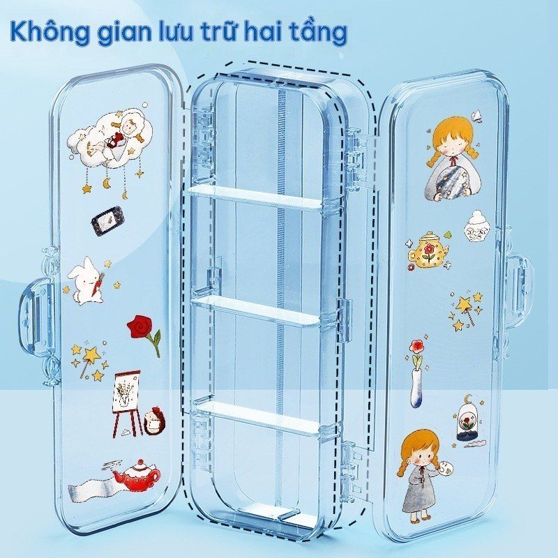 Hộp Bút Nhựa Trong Suốt Mở Rộng 3 Ngăn 2 Mặt Cực Xịn TB32