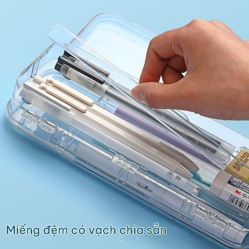 Hộp Bút Nhựa Trong Suốt Mở Rộng 3 Ngăn 2 Mặt Cực Xịn TB32