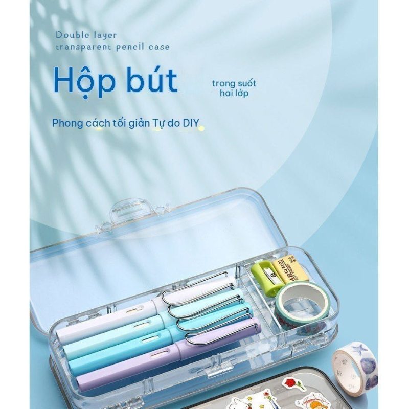 Hộp Bút Nhựa Trong Suốt Mở Rộng 3 Ngăn 2 Mặt Cực Xịn TB32