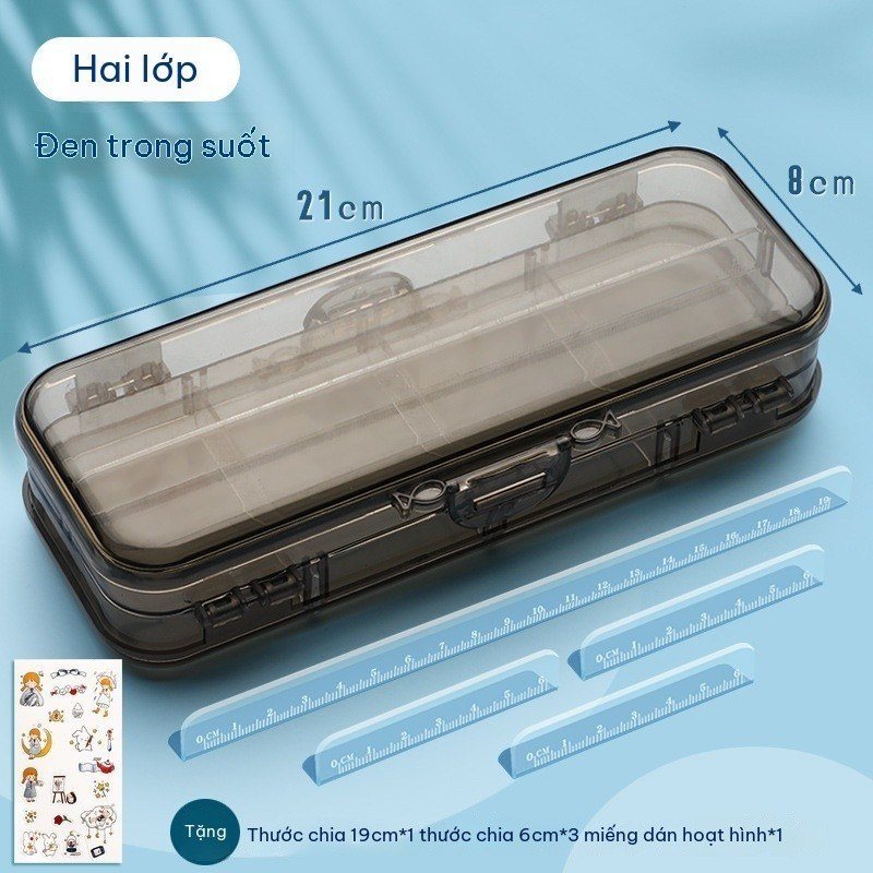Hộp Bút Nhựa Trong Suốt Mở Rộng 3 Ngăn 2 Mặt Cực Xịn TB32 - Đen
