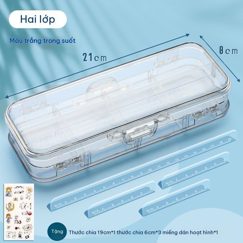 Hộp Bút Nhựa Trong Suốt Mở Rộng 3 Ngăn 2 Mặt Cực Xịn TB32 - Trắng