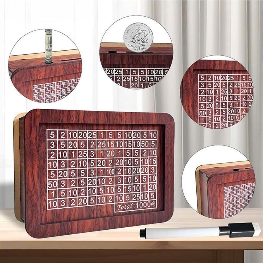Hộp đựng tiền tiết kiệm theo ngày bằng gỗ đựng tiền xu và tiền giấy decor bàn