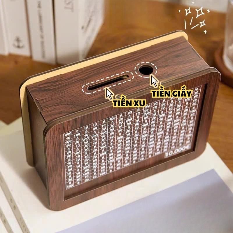 Hộp đựng tiền tiết kiệm theo ngày bằng gỗ đựng tiền xu và tiền giấy decor bàn