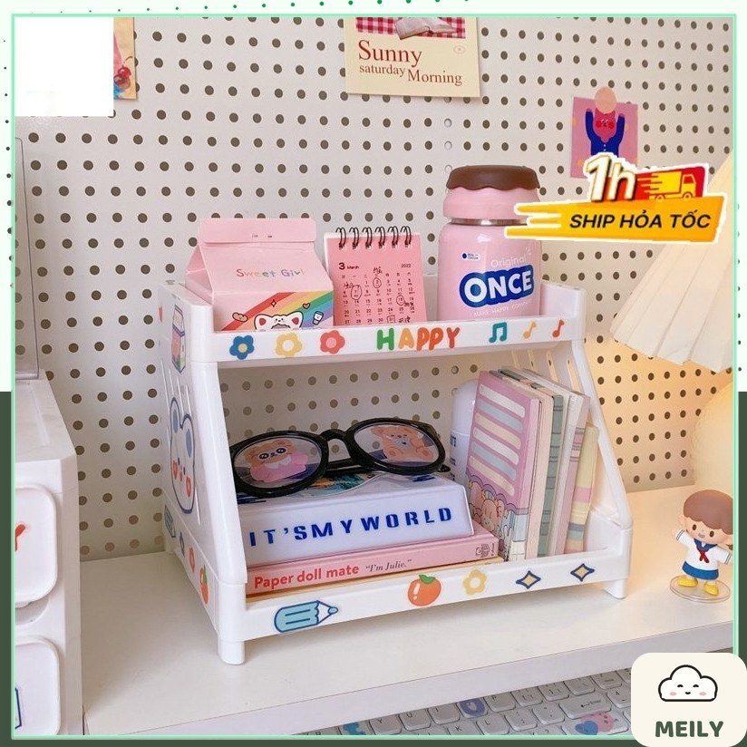 Kệ giá mini 2 tầng chân mèo để bàn cute đựng sách vở, decor văn phòng phẩm K38