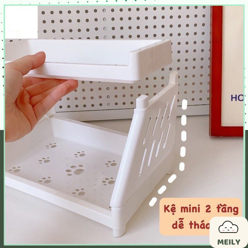 Kệ giá mini 2 tầng chân mèo để bàn cute đựng sách vở, decor văn phòng phẩm K38