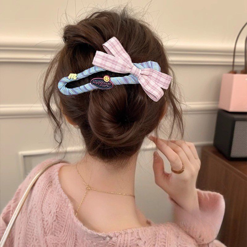 Kẹp Tóc Vải Nơ Hàn Quốc BL215 - Nơ hồng Kẻ Sọc-12Cm