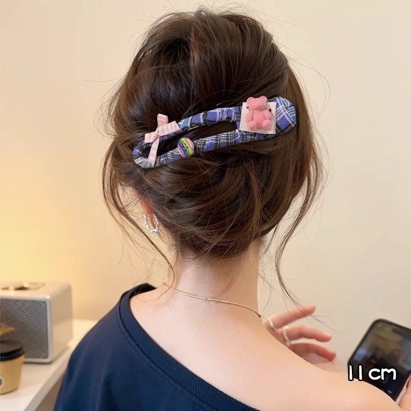 Kẹp Tóc Vải Nơ Hàn Quốc BL215 - Gấu Hồng Xanh Nhạt