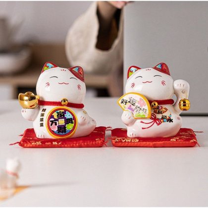 Mèo chiêu tài mini cao 11cm tượng phong thủy may mắn gốm sứ dễ trang trí quầy