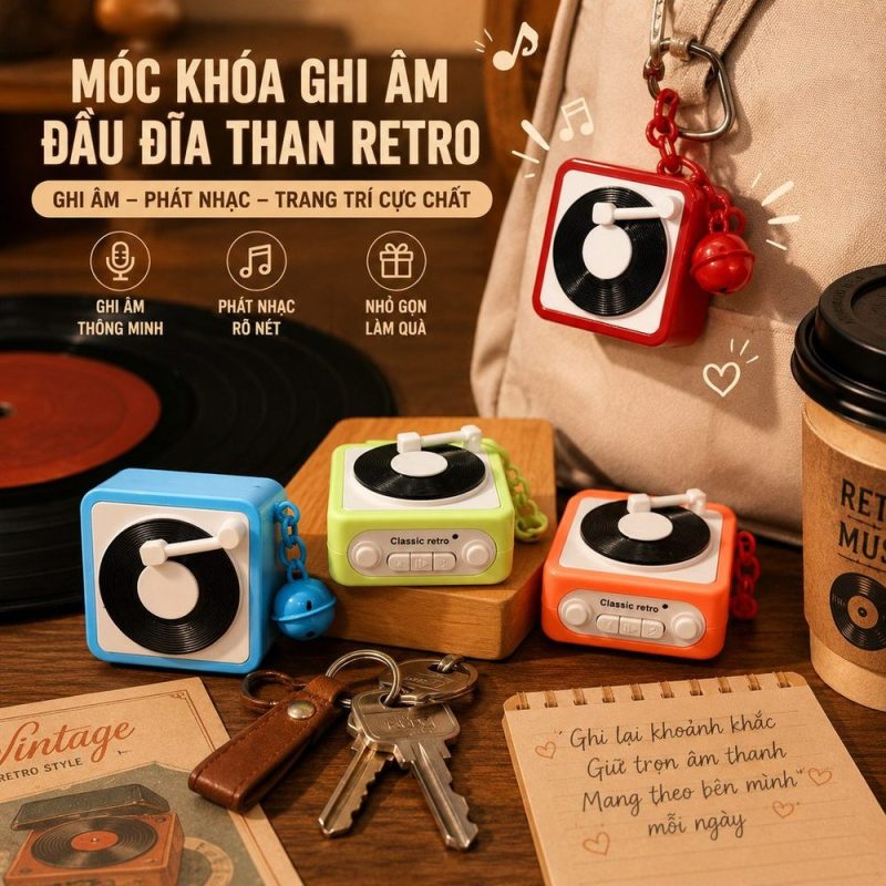 Móc khóa đầu đĩa than vintage phong cách retro treo balo