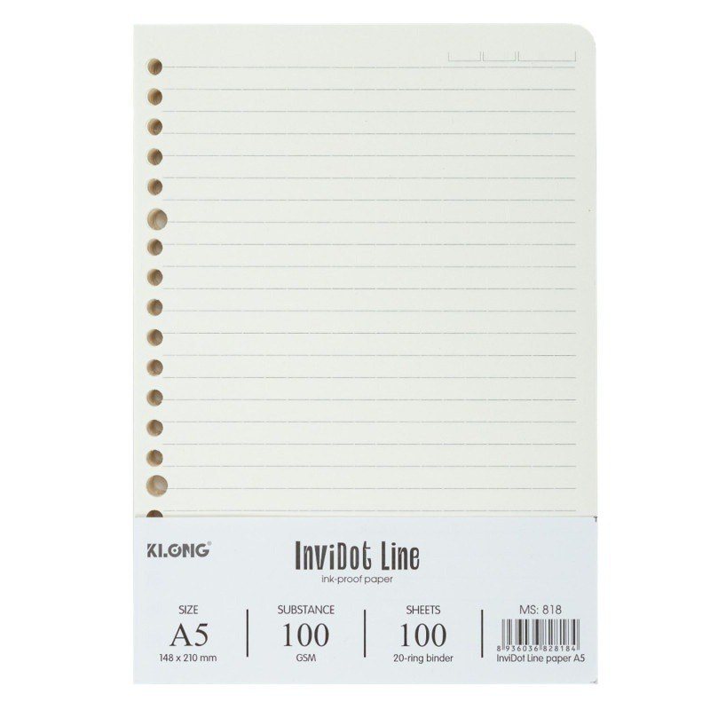 Ruột Sổ Còng Kẻ Ngang KLONG A5 20 Chấu 100 Tờ InviDot Line MS 818 - Ruột sổ kẹp còng kẻ ngang InviDot Line A5 100 tờ 100/76 klong MS818