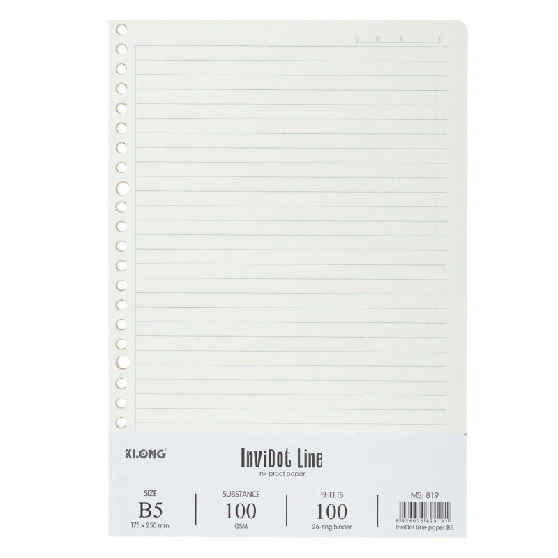 Ruột Sổ Còng KLONG B5 26 Chấu 100 Tờ InviDot Line MS 819 - Ruột sổ kẹp còng kẻ ngang InviDot Line B5 100 tờ 100/76 KLONG MS819