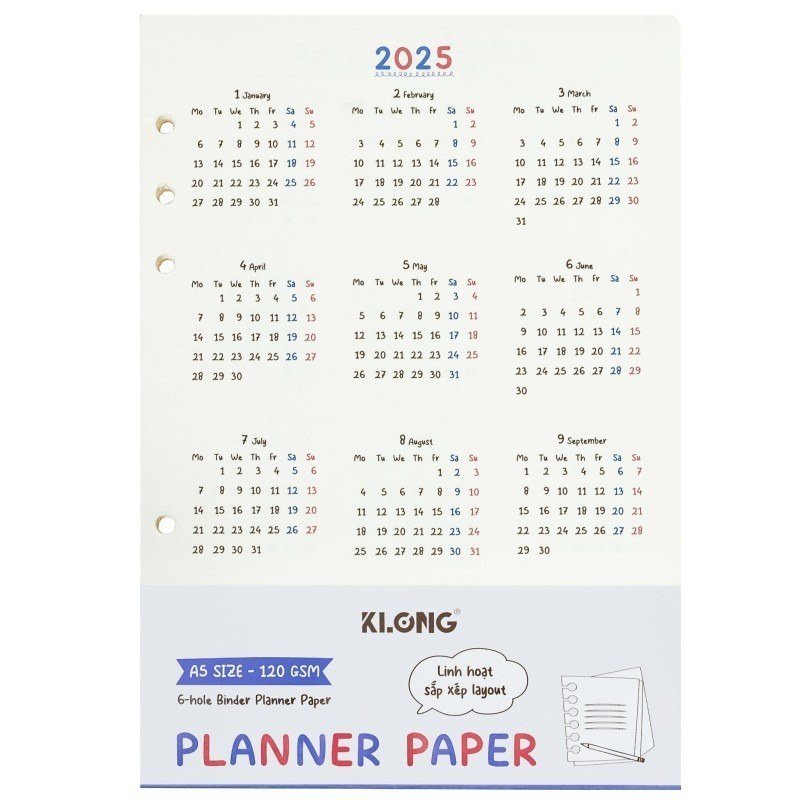 Ruột sổ kế hoạch Paper Planner Klong A5 96 trang 120gsm MS 963 - Ruột sổ kế hoạch Planner Paper kẹp còng A5 120/76 klong MS 963 [KM]-NN