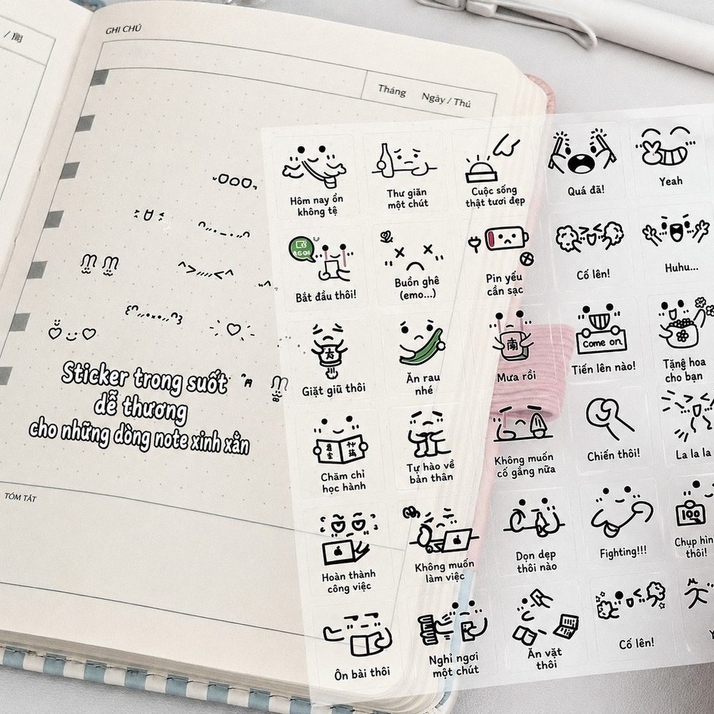 Set 10 Tờ Sticker Emoji Ký Tự Cute Trong Suốt Decor Sổ Tay Journal Planner