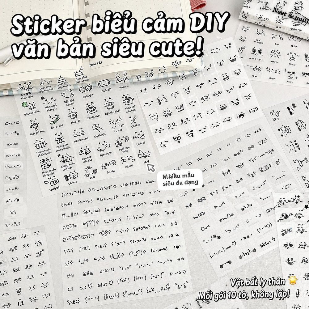 Set 10 Tờ Sticker Emoji Ký Tự Cute Trong Suốt Decor Sổ Tay Journal Planner