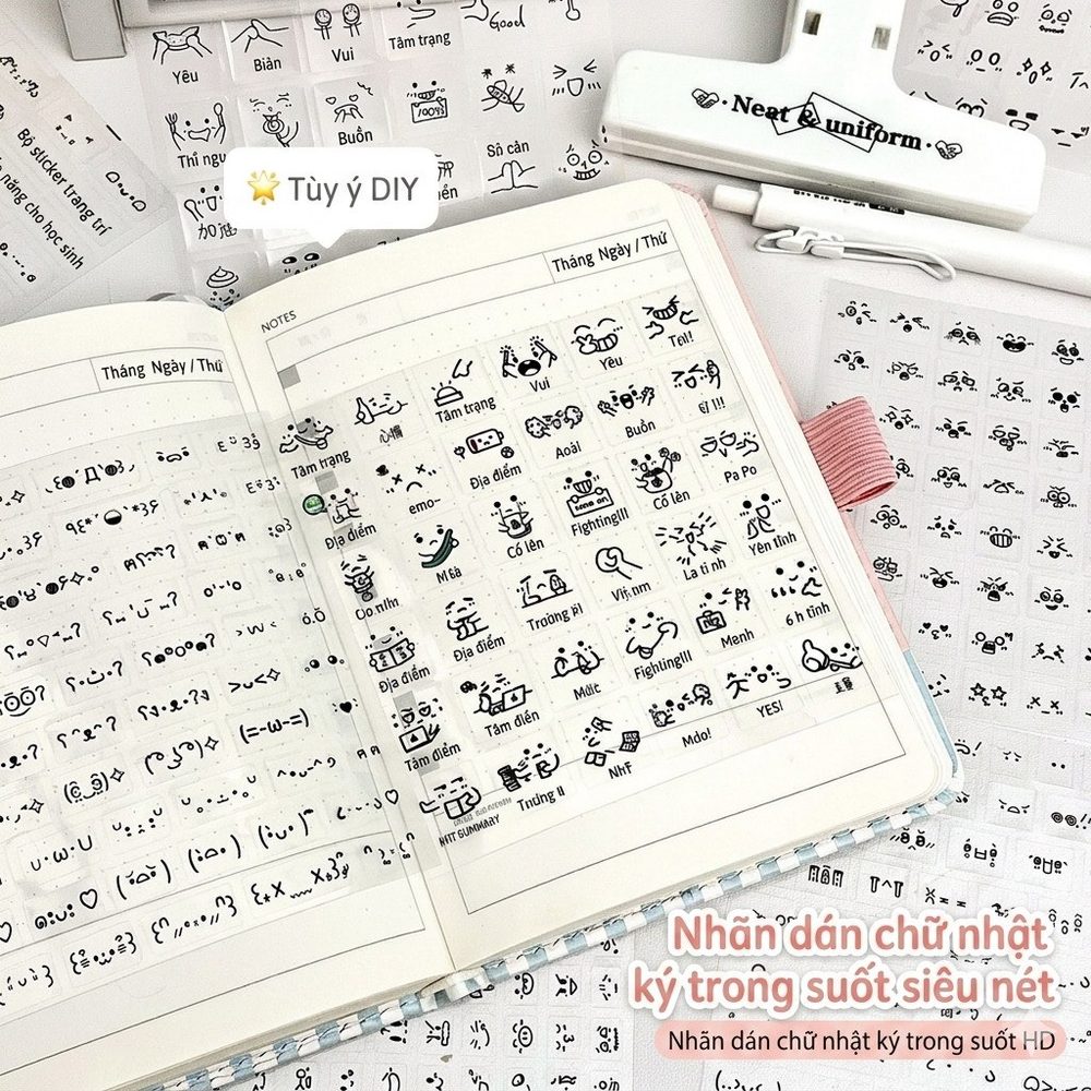 Set 10 Tờ Sticker Emoji Ký Tự Cute Trong Suốt Decor Sổ Tay Journal Planner