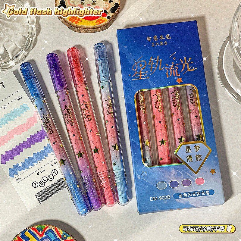Set 4 bút highlight lấp lánh HI23 - Hộp Xanh dương