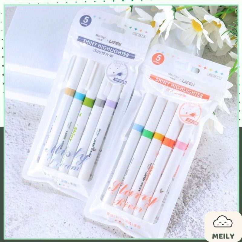 Set 5 bút dạ quang ghi chú có nhũ ánh kim HI13