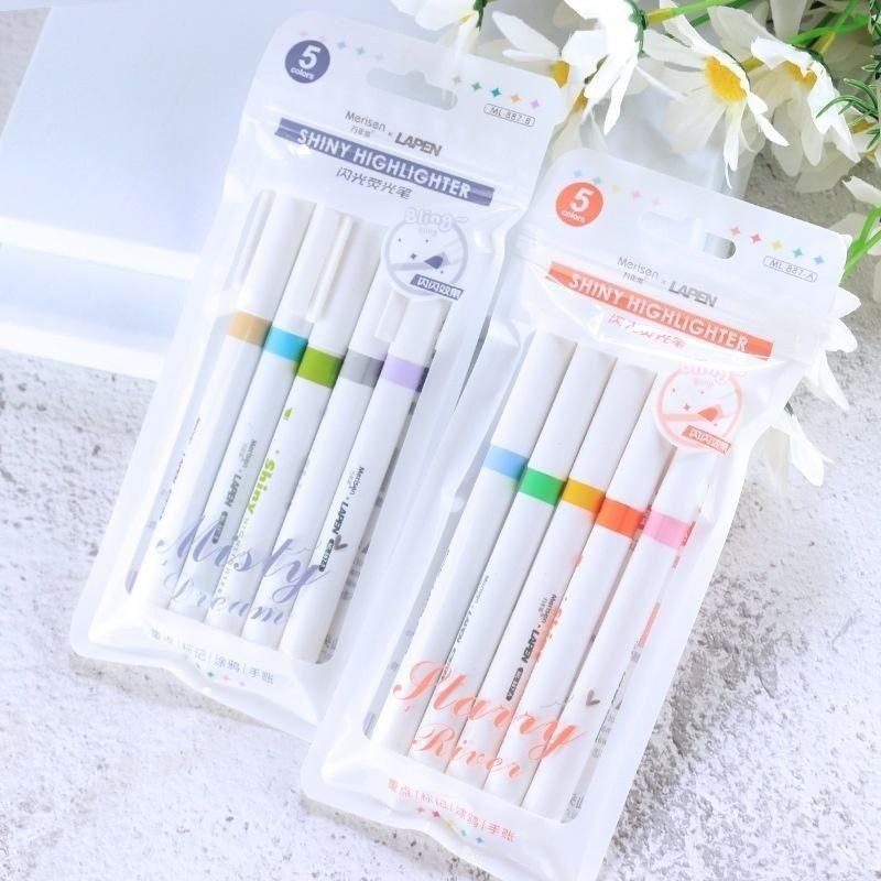 Set 5 bút dạ quang ghi chú có nhũ ánh kim HI13 - Túi xanh