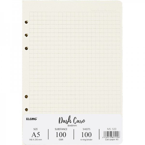 Sổ Caro ô 6x6mm nét đứt A5 còng sắt 200 trang Klong MS 516 - Ruột sổ kẹp còng Klong Dash Caro 6x6 mm A5 100 tờ 100/76 MS520 [KM]