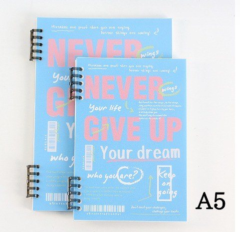 Sổ còng 2 đầu B5 120 trang kẻ nét đứt bìa Never give up S24 - Sổ còng 2 đầu A5 bìa trong suốt Never give up S24 - Xanh biển