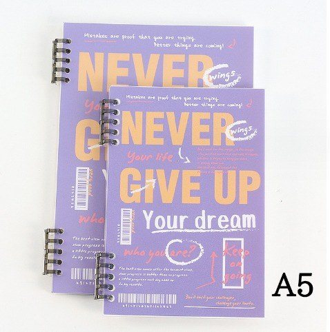 Sổ còng 2 đầu B5 120 trang kẻ nét đứt bìa Never give up S24 - Sổ còng 2 đầu A5 bìa trong suốt Never give up S24 - Tím